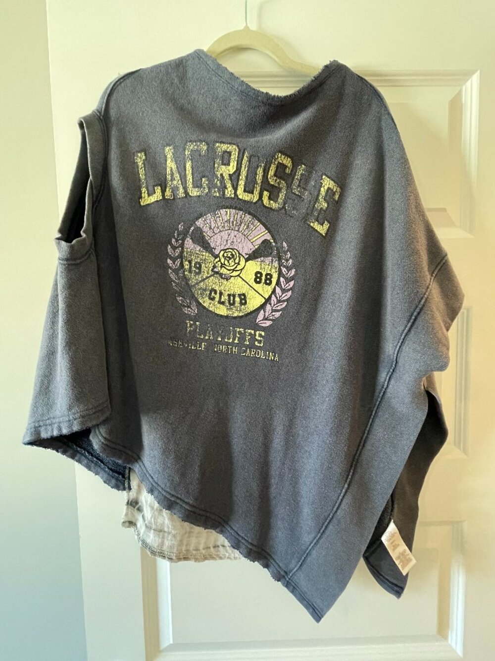 Free People Off Side Tee Lacrosse Graphic Mixed Media Poncho Gray Small